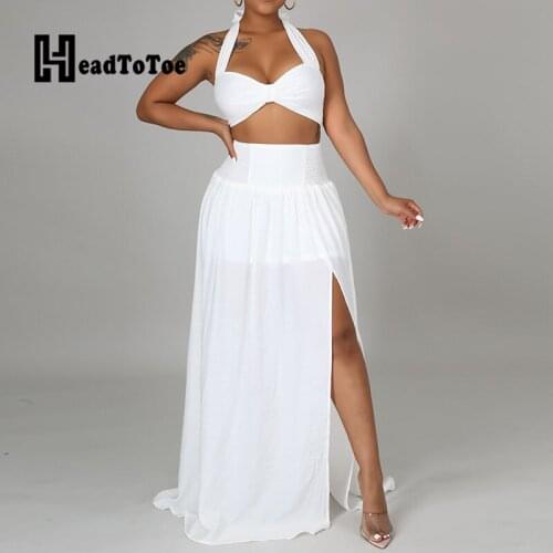 Plain Backless Halter Crop Tops & High Waist Slit Maxi Skirts Set Women Summer Two Piece Set