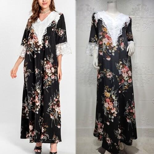 Lace Patchwork Ethnic Floral Plus Size Maxi Dress Women Summer Moroccan Turkey Arabic Oman Robe V Neck 3/4Sleeve Female Clothing