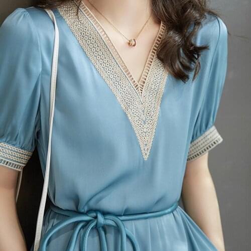 Summer Womens Dress Short Sleeve V-Neck Dress Fashion Lace Up Korean Temperament Slim Dress Sexy Womens Wear