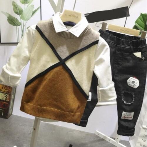 Winter baby boys set Childrens suit baby boys Knit vest,plush shirt,plush jeans 3pcs clothing set kids clothing set 2-6Year