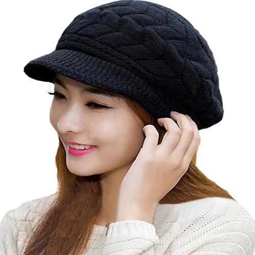 Winter Warm Knitted Hat for Women Fleece Beanie Beret Crochet Cap with Visor Girls