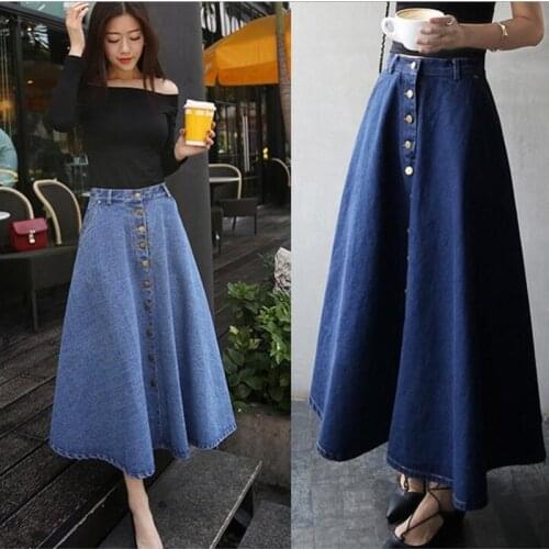 ZXRYXGS Womens High Waist Cowboy Skirts 2019 Summer New Single Breasted Big Swing A Word Skirt Fashion Blue Jeans Long Skirt