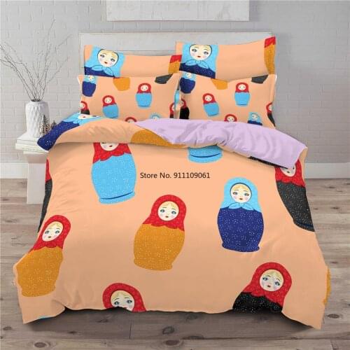 2/3pc King Queen Size Matryoshka Pattern 3D Bedding Sets Cartoon Print Duvet Quilt Cover Set Comfortable Duvet Cover Pillowcase
