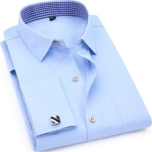 2019 White Long Sleeved Business Casual Shirt Slim Fit Solid Color French Cufflinks Shirt Mens Dress Shirts French Cuff Blue