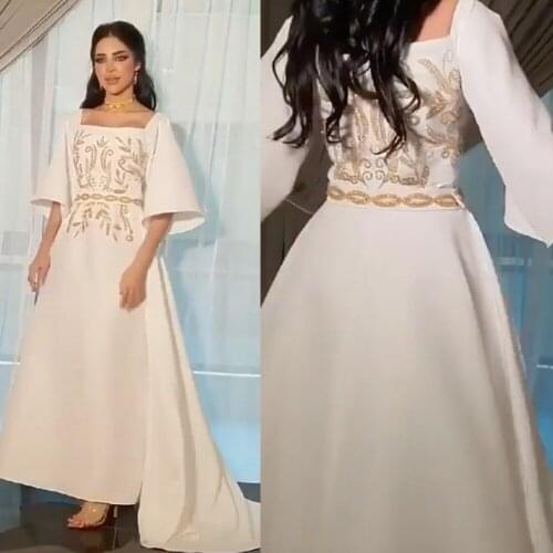 White prom dresses 2020 square neckline long sleeve lace appliques embroidery long evening gowns