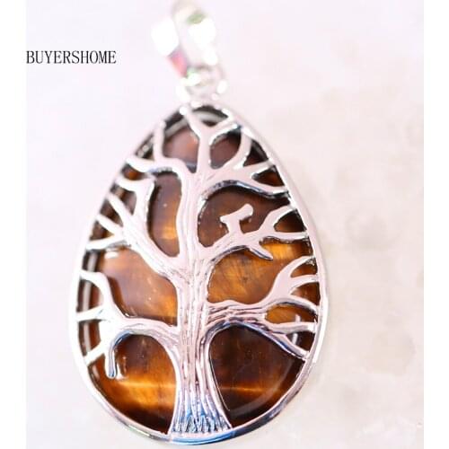 Tree of Life Wire Wrap Zinc Alloy Natural Stone Water Drop Gold Tiger Eye Pendant 1Pcs K435