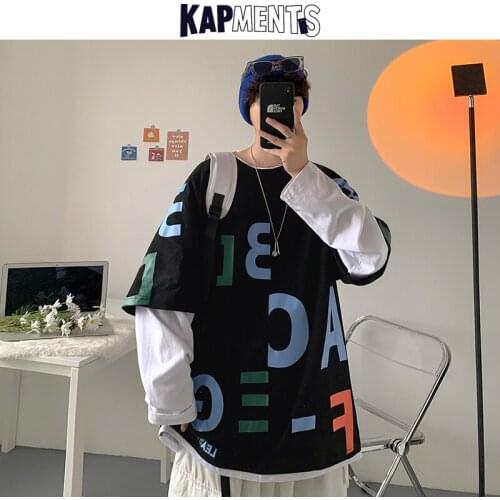KAPMENTS Men Fake Two Pieces Patchwork Graphic T Shirts 2021 Mens Oversized Harajuku Streetwear T-shirts Male Vintage Y2k Tshirt