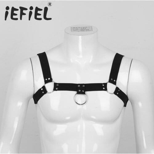 IEFiEL Mens Elastic Wide Shoulder Chest Muscle Harness Belt with Metal O-rings Rivets Fancy Club Party Costume Strap Accessory