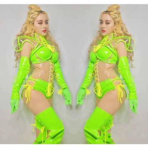 DC85 Green color sexy bikini set ballroom dance luminous green dj dress bra party singer stage wears outfit club costumes disco
