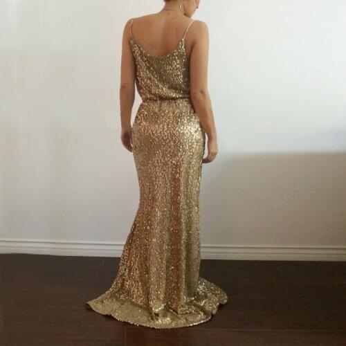 Summer Sexy Gold Sequin Long Dress Women Spaghetti Strap Party Dress
