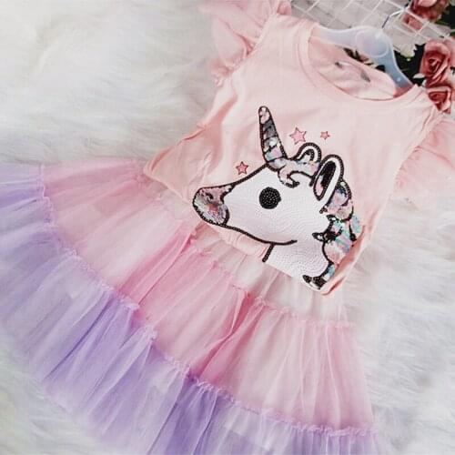 Summer Kids Unicorn Suits Fashion Sequin Mesh Tutu Girls Skirt Suit Cartoon Unicorn T-shirt + Skirt 2Pcs Baby Girl Clothing Sets