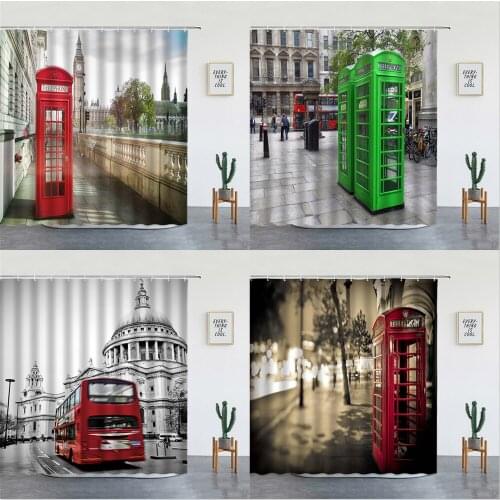 London Big Ben Red Telephone Booth Retro Shower Curtains For Bathroom Home Decoration Polyester Fabric Bathtub Screen With Hooks