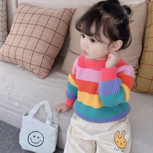 Fashion Kids Girls Spring Autumn 2021 New Knitting O-neck Striped Pullovers Childrens Clothing Korean Patchwork Sweaters C48