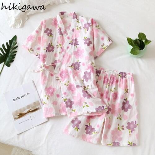Hikigawa Pajamas Women Summer Cotton Short-sleeve Shorts Kimono Japanese Sleepwear Two-piece Suit Cute Fresh Sweet Home Service
