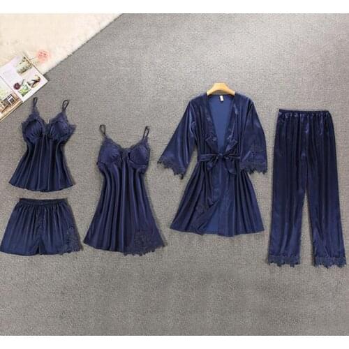 Women Pajamas 5 Pieces Satin Sleepwear Faux Silk Home Wear Home Clothing Embroidery Sleep Lounge Pajama with Chest Pads