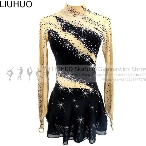 Custom Ice Skating Dress Womens Girls' Black Quality Crystals Figure Skating Dress Competition Skate Leotards Christmas Gifts