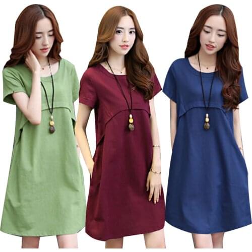 Summer Dress Women Large Size Cotton Hemp Short Sleeve Loose Waist Thin Medium Long Linen Temperament Skirt Summer Womens Wear