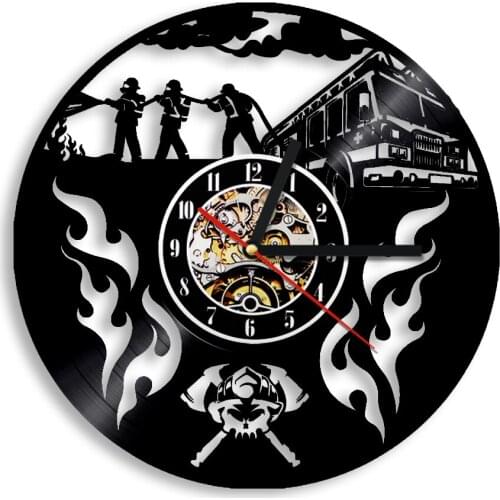 Firefighter Wall Clock Modern Design Fire Fighting Vinyl Record Wall Clocks LED Nigth Light Watch For Fire Dept Firemen Gift