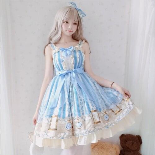 Girls Princess Party Sweet Lolita Dress Japanese Kawaii Girl Gothic Lolita JSK Loli Sleeveless Strap Dress Bow-Knot Hearwear