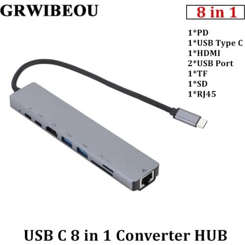 Grwibeou 8 in 1 Type C Hub USB C to HDMI USB 3.0 RJ45 SD/TF Card Reader USB-C Converter hub for MacBook Pro All in one USB C HUB