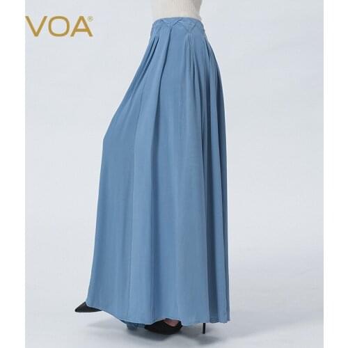 VOA Silk Bamboo Moon Blue Natural Waist Fold Stitching Loose and Large Swing Gentle All-match Office Lady Skirt Womens CE112