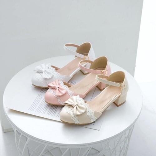 YQBTDL Summer 2020 Bow Lace Sweet Ladies Shoes Block Chunky Med Heels Mary Jane Women Pumps Pink White Princess Lolita Shoes 42