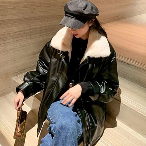 2021 Spring Winter Women VintageThick Faux Leather Fur Coat Female Long Sleeve Fur Leather Jacket Ladies Casaco Feminino Q17