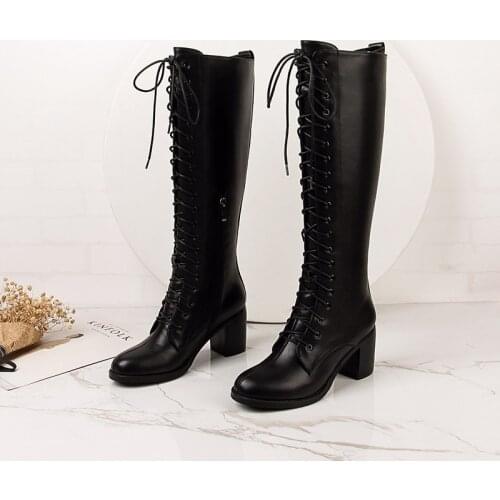 2021 Woman Genuine Leather Lace Up Square High Heel Knee High Boots Fashion Side Zipper Dress Winter Boots Black