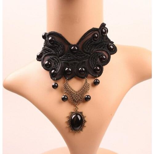Nice Look Paisley Pattern Women`s Gothic Black Lace Neck Choker with Beads Ornaments