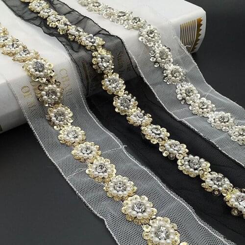 3yds Gold Silver Beaded Rhinestone Lace Trim Vintage Mesh Fabric Paillette Sequin Chemical Lace Wedding Dress Dentelle Applique