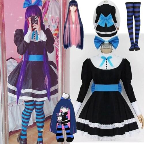 Anime Panty &Stocking with Garterbelt Stocking Anarchy Autumn Maid Women Cosplay Costume Lolita Dress + Belt + Headwear Hallowen