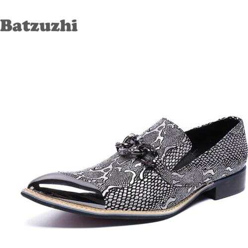 Batzuzhi Italy Style Fashion Men Shoes Silver Metal Cap Leather Dress Shoes Erkek Ayakkabi Business Party Zapatos Hombre, US12