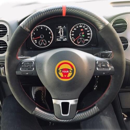 For Volkswagen VW Gol Tiguan Passat B7 Passat CC Touran Carbon Fiber Leather Black Suede Red Marker Car Steering Wheel Cover