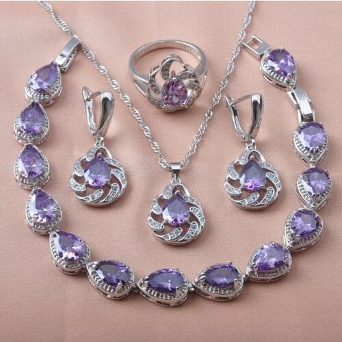 For Women Bridal jewelry Silver Color Purple Crystal Jewelry Sets Pendant Bracelet Earrings Rings Necklace YZ0633