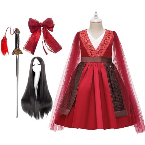 Halloween Christmas Mulan Cosplay Costume Summer Dress Birthday Party Tulle Sleeve Red Dresses Girls Bow headdress Gongfu Sword