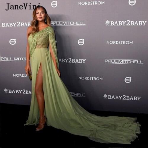 JaneVini Luxury Beading Arabic Long Sleeve Evening Dresses One Shoulder Bling Sequins Sexy High Split A Line Chiffon Formal Gown