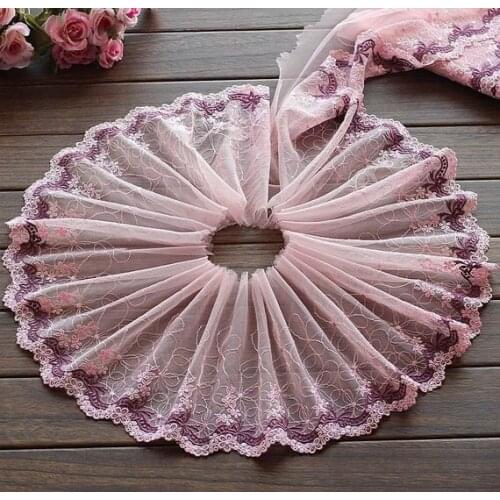 2 Yards Lace Trim Pink Floral Embroidered Scalloped Tulle Lace 7.48 Inches Wide High Quality