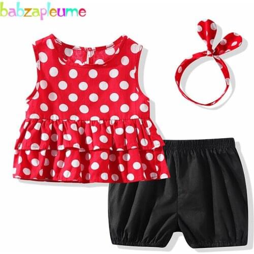 3Piece/1-5Years/Kids Summer Outfits Baby Girls Clothes Cute Dot Sleeveless T-shirt+Shorts+Headband Children Clothing Sets BC1633