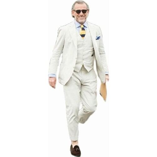 Ivory Linen Men Suits 2019 Summer Wedding Groom Wear Tuxedos 3 Pieces (Jacket+Pants+Vest) Bridegroom Suits Best Man Blazer