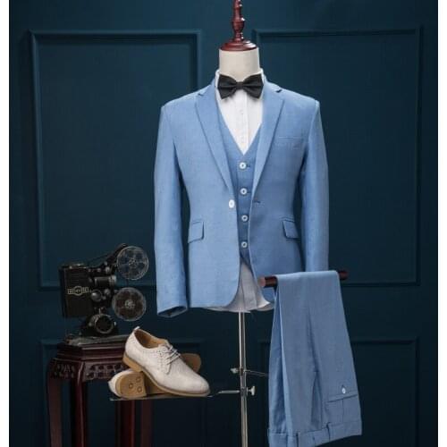 Retro gentleman style Thin section flax custom made Mens suits tailor suit Blazer suits for men 3 piece (Jacket+Pants+Vest)