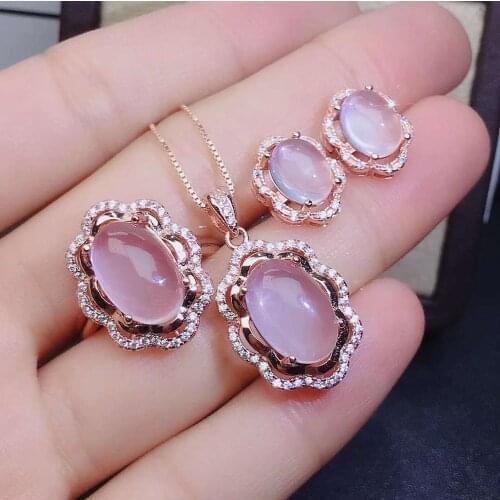 Real Natural Rose Quartz jewelry set Natural Real Rose Quartz 925 sterling silver 1pc pendant,1pc ring,2pcs Earring