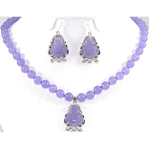 Noblest 17 inch 10mm purple Jades necklace + Buddha pendant & earrings set