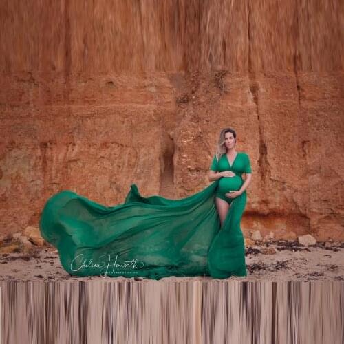 2021 New Green Maternity Dresses For Photo Shoot Short Sleeves V Neck Stretch With Chiffon Overskirt Long Train Pregnancy Jumpsu