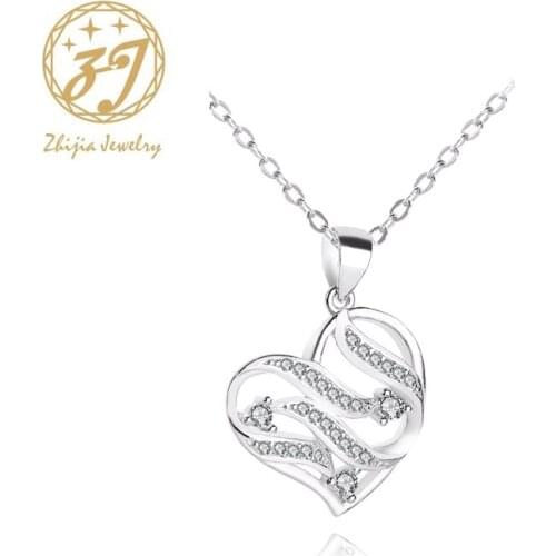 Zhijia Luxury Women Crystal Heart Shape Pendant Necklace Fashion Silver Color Chain Necklace Valentines Day Gifts