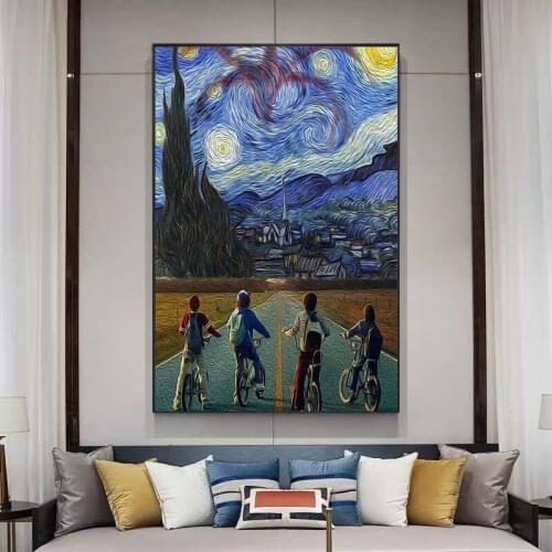 Blue Starry Sky A Group of Boys Ride Bicycles Posters and Prints Canvas Paintings Wall Art Pictures for Living Room Decor