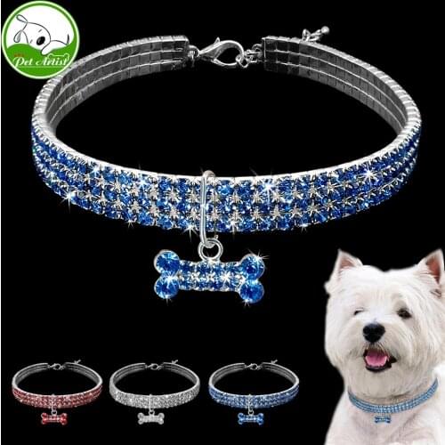 Rhinestone Puppy Dog Collars Jeweled Crystal Kitten Cat Necklace Bone Charm Pendant Accessory For Girl Dogs Cats Yorkshire Pink