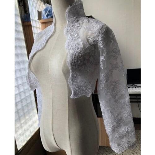 Vintage Real Image Wedding Jackets Front Open White Ivory Bridal Bolero Lace Applique High Neck Long Sleeve Custom Wraps Jacket