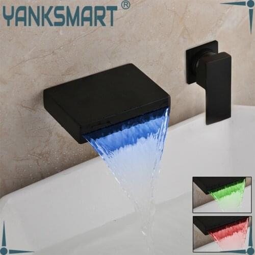 YANKSMART LED Matte Black Single Handle Bathroom Faucet Wall Mount Waterfall Spout Cold & Hot Chrome Basin Sink Mixer Water Tap