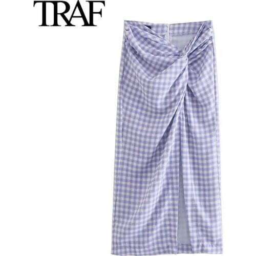 Traf Za Women Clothing Fashion Back Zipper Knotted Plaid Skirts High Waist MIDI Skirt Chic Office Lady Pencil Skirt Mujer