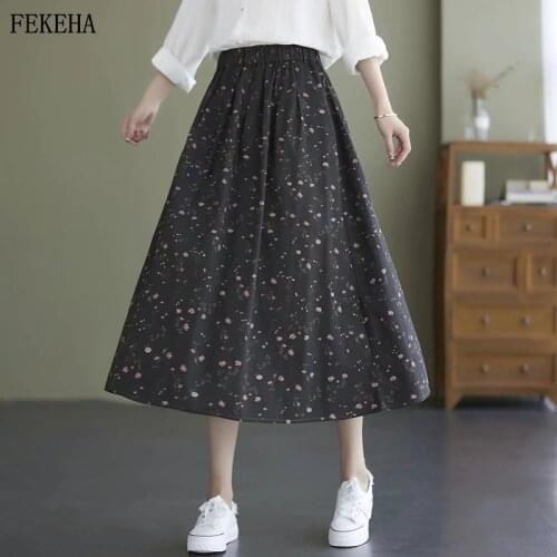 Cotton Linen Skirts Women A-Line Floral Print Elastic Waist Lady Loose Skirt Autumn New Arrivals